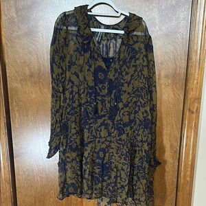 Anthropologie V-Neck Long Sleeve Blue and Green Sundress